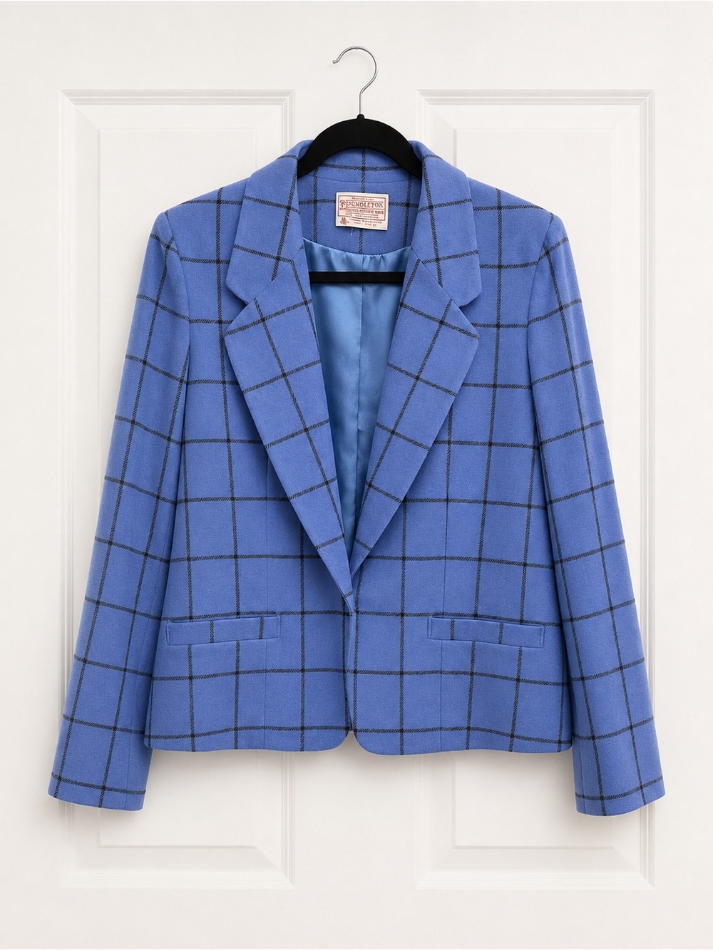 Vintage Pendleton 70s 80s Blue Windowpane Wool Blazer Petite 16 EUC